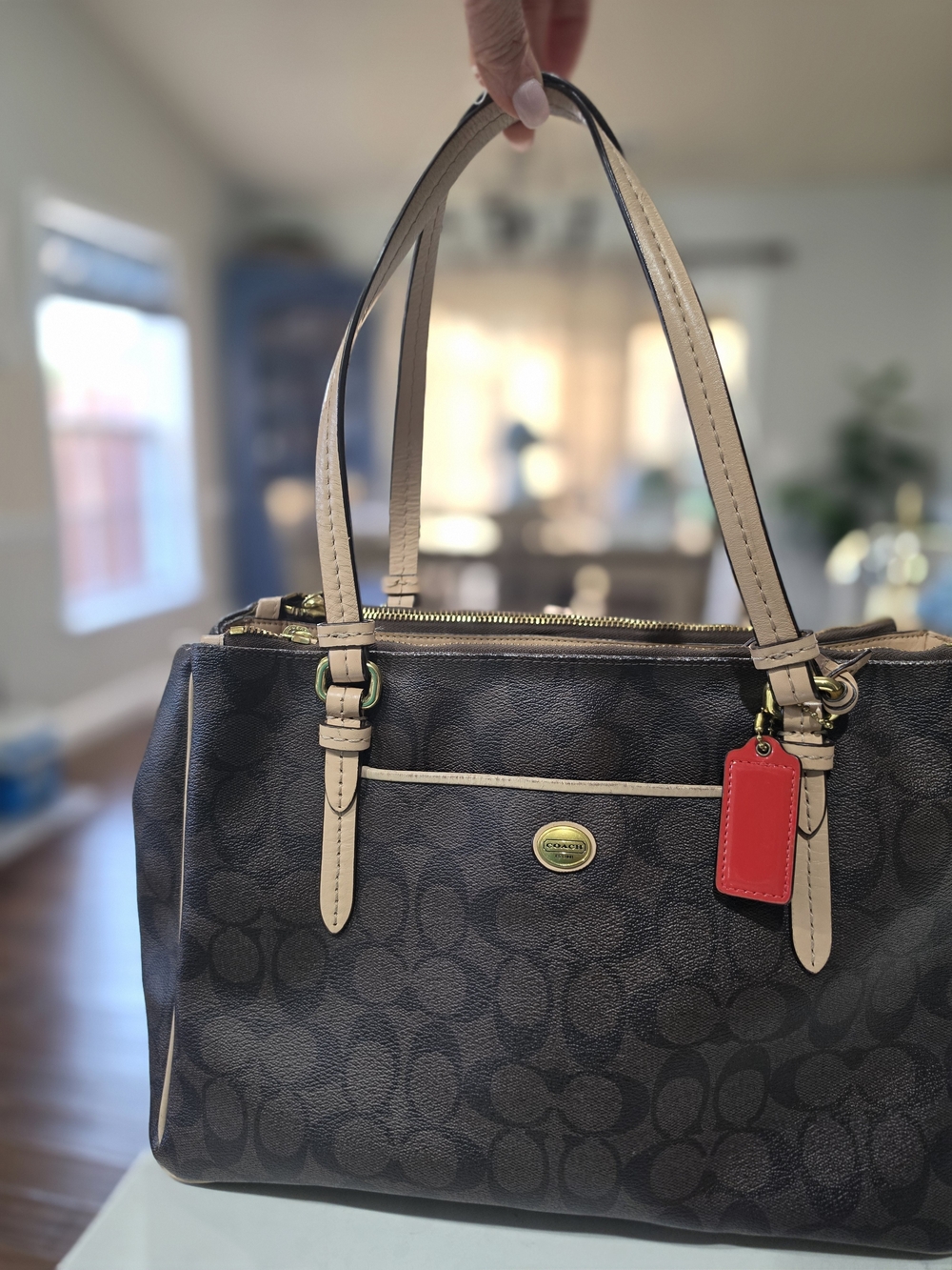 Vintage Coach Brown Signature Canvas Satchel with Neutral Trim and Red Tag